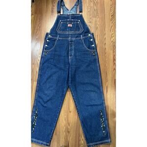 Revolt Blue Denim Bib Overalls Floral Embroidery Wide Leg Size 18 - 100% Cotton